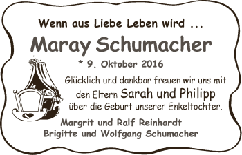 Babyanzeige von Maray Schumacher von WESER-KURIER