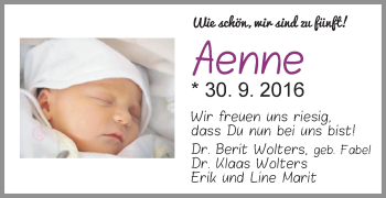 Babyanzeige von Aenne Wolters von WESER-KURIER