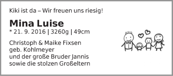 Babyanzeige von Mina Luise Fixsen von WESER-KURIER