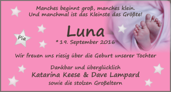 Babyanzeige von Luna  von Osterholzer Kreisblatt