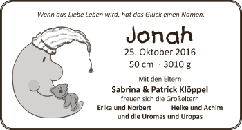 Babyanzeige von Jonah Klöppel von Osterholzer Kreisblatt