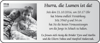 Babyanzeige von Lumen  von WESER-KURIER