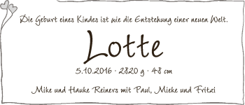 Babyanzeige von Lotte Reiners von Wuemme Zeitung