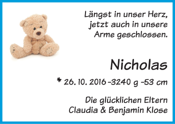 Babyanzeige von Nicholas Klose von Die Norddeutsche