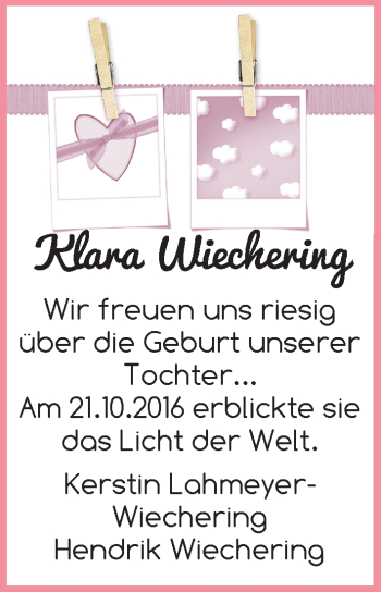 Babyanzeige von Klara Wiechering von WESER-KURIER