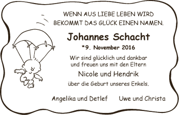 Babyanzeige von Johannes Schacht von Osterholzer Kreisblatt