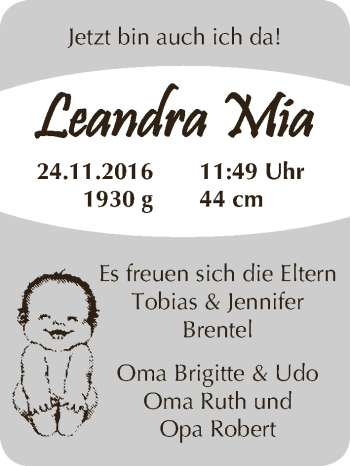 Babyanzeige von Leandra Mia  von WESER-KURIER