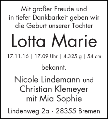 Babyanzeige von Lotta Marie  von WESER-KURIER