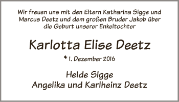 Babyanzeige von Karlotta Elise Deetz von WESER-KURIER