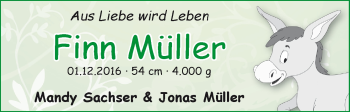 Babyanzeige von Finn Müller von WESER-KURIER