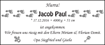 Babyanzeige von Jacob Paul Demit von WESER-KURIER