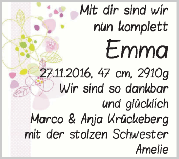 Babyanzeige von Emma Krückeberg von WESER-KURIER
