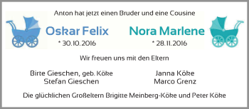 Babyanzeige von Oskar Felix Nora Marlene von WESER-KURIER