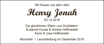 Babyanzeige von Henry Jonah  von WESER-KURIER
