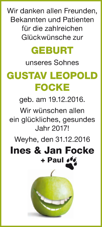 Babyanzeige von Gustav Leopold Focke von Wuemme Zeitung