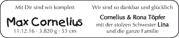 Babyanzeige von Max Cornelius  von WESER-KURIER