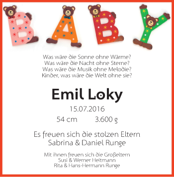Babyanzeige von Emil Loky Runge von Wuemme Zeitung