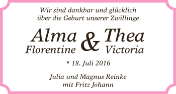 Babyanzeige von Alma Florentine und Thea Victoria Reinke von WESER-KURIER