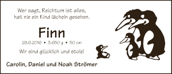 Babyanzeige von Finn Strömer von Osterholzer Kreisblatt