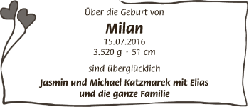 Babyanzeige von Milan Katzmarek von WESER-KURIER