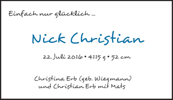Babyanzeige von Nick Christian Erb von WESER-KURIER