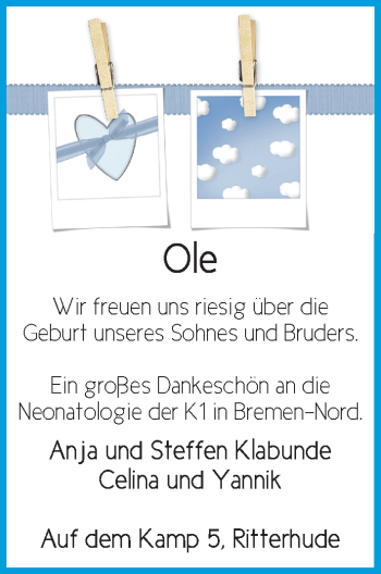 Babyanzeige von Ole Klabunde von WESER-KURIER