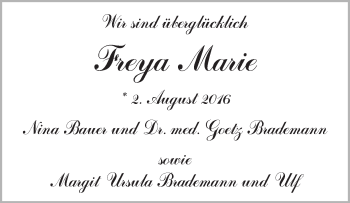 Babyanzeige von Freya Marie Brademann von WESER-KURIER
