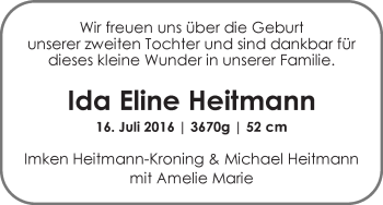 Babyanzeige von Ida Eline Heitmann von Die Norddeutsche