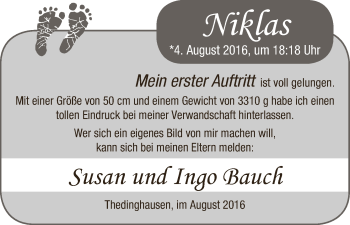 Babyanzeige von Niklas Bauch von Achimer Kurier/Verdener Nachrichten