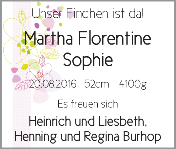 Babyanzeige von Martha Florentine Sophie Henning von WESER-KURIER
