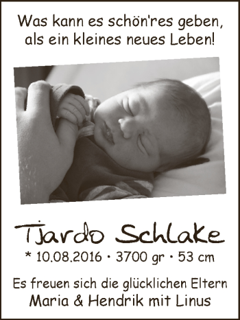 Babyanzeige von Tjardo Schlake von WESER-KURIER