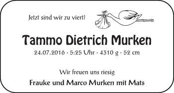 Babyanzeige von Tammo Dietrich Murken von Wuemme Zeitung