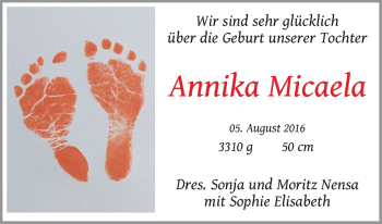 Babyanzeige von Annika Micaela Nensa von WESER-KURIER