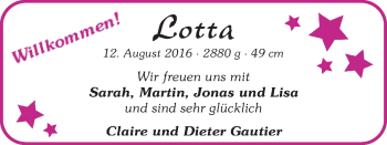 Babyanzeige von Lotta Gautier von WESER-KURIER