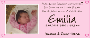 Babyanzeige von Emilia Röhrich von WESER-KURIER