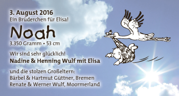 Babyanzeige von Noah Wulf von WESER-KURIER