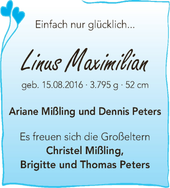 Babyanzeige von Linus Maximilian  von WESER-KURIER