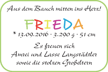 Babyanzeige von Frieda Langstädtler von WESER-KURIER