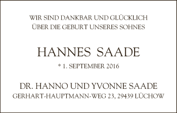 Babyanzeige von Hannes Saade von Osterholzer Kreisblatt