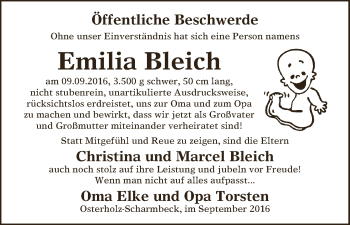 Babyanzeige von Emilia Bleich von Osterholzer Kreisblatt