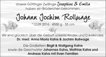 Babyanzeige von Johann Jochim Rollwage von WESER-KURIER