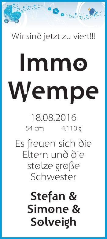 Babyanzeige von Immo Wempe von Osterholzer Kreisblatt