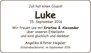 Babyanzeige von Luke  von Osterholzer Kreisblatt