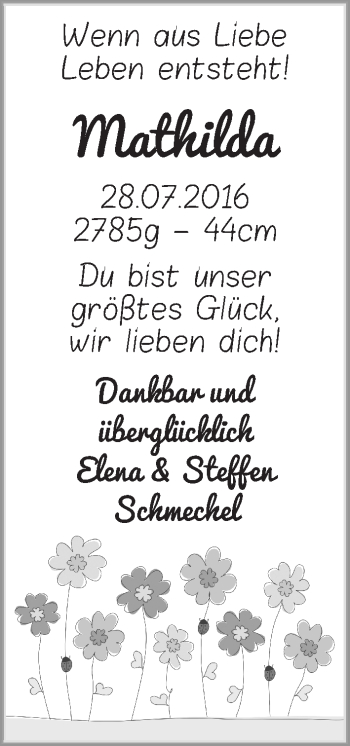 Babyanzeige von Mathilda Schmechel von Regionale Rundschau/Syker Kurier