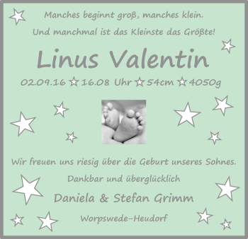 Babyanzeige von Linus Valentin Grimm von Wuemme Zeitung