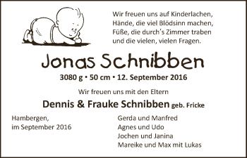 Babyanzeige von Jonas Schnibben von Osterholzer Kreisblatt