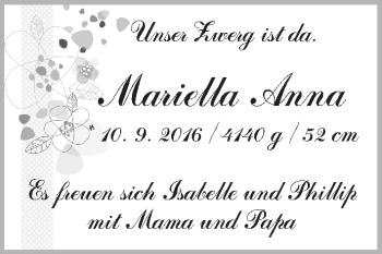 Babyanzeige von Mariella Anna  von WESER-KURIER