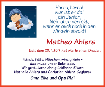 Babyanzeige von Matheo Ahlers von WESER-KURIER