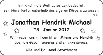 Babyanzeige von Jonathan Hendrik Michael  von Osterholzer Kreisblatt