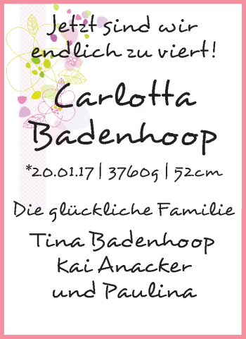 Babyanzeige von Carlotta Badenhoop von WESER-KURIER